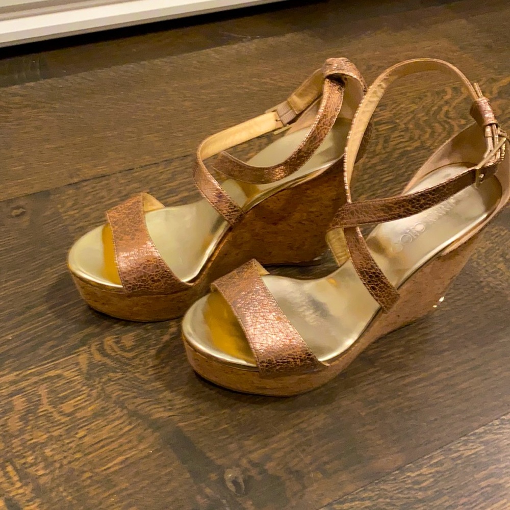 Jimmy Choo rose gold wedges/ cork